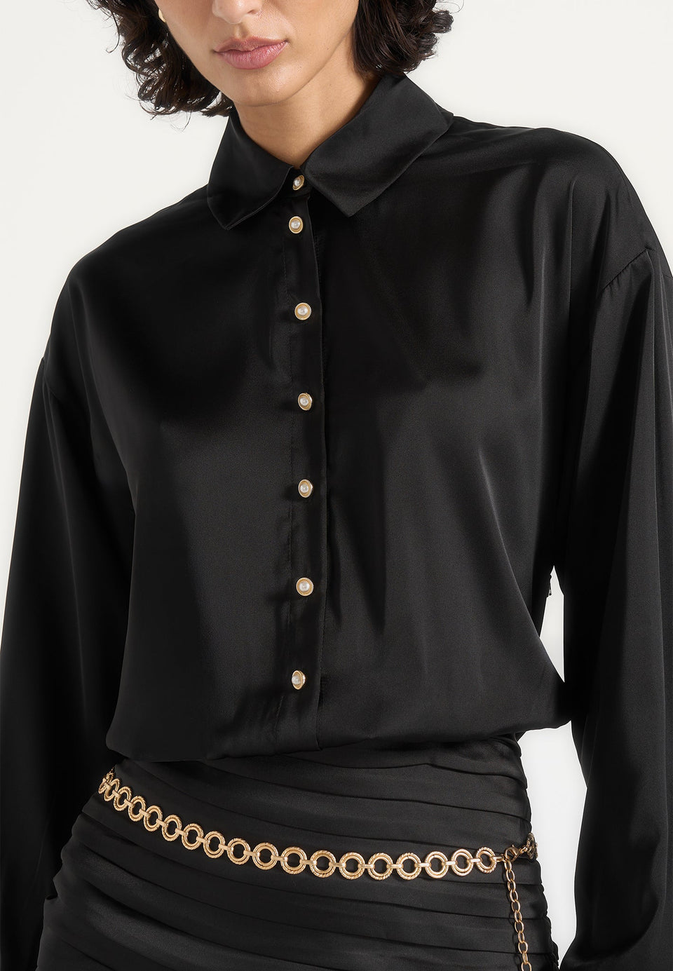 Milena - Chain Belt Ruched Shirt Mini Dress - Black