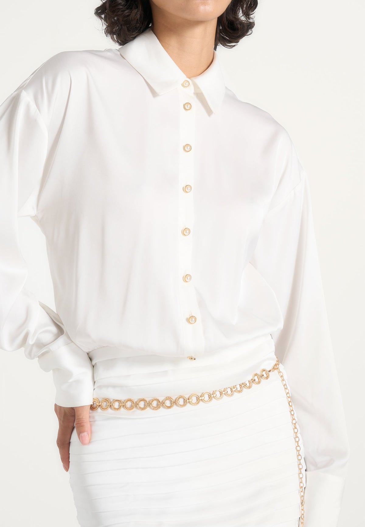 Milena - Chain Belt Ruched Shirt Mini Dress - White