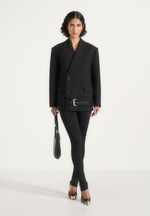 Aisha - Oversized Belted Double-Breasted Wool-Blend Blazer - Black