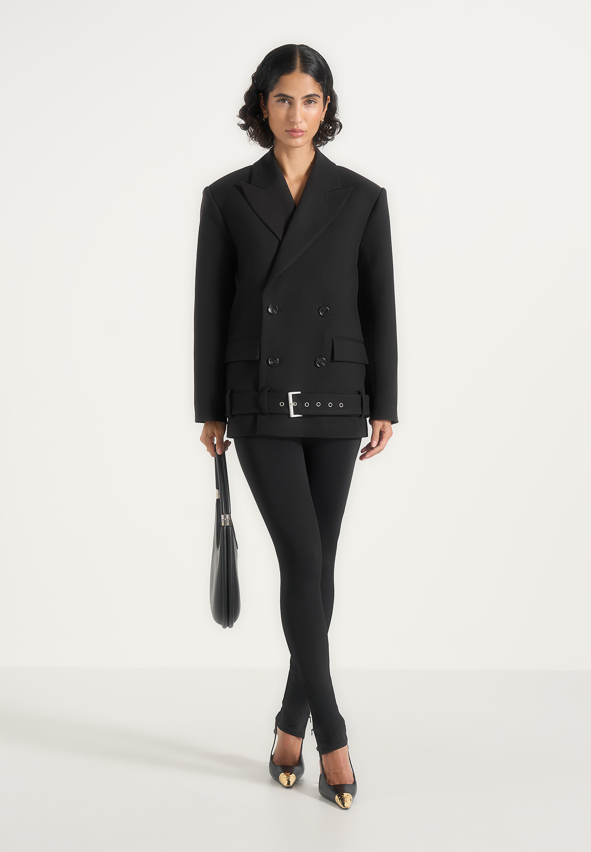 Aisha - Oversized Belted Double-Breasted Wool-Blend Blazer - Black