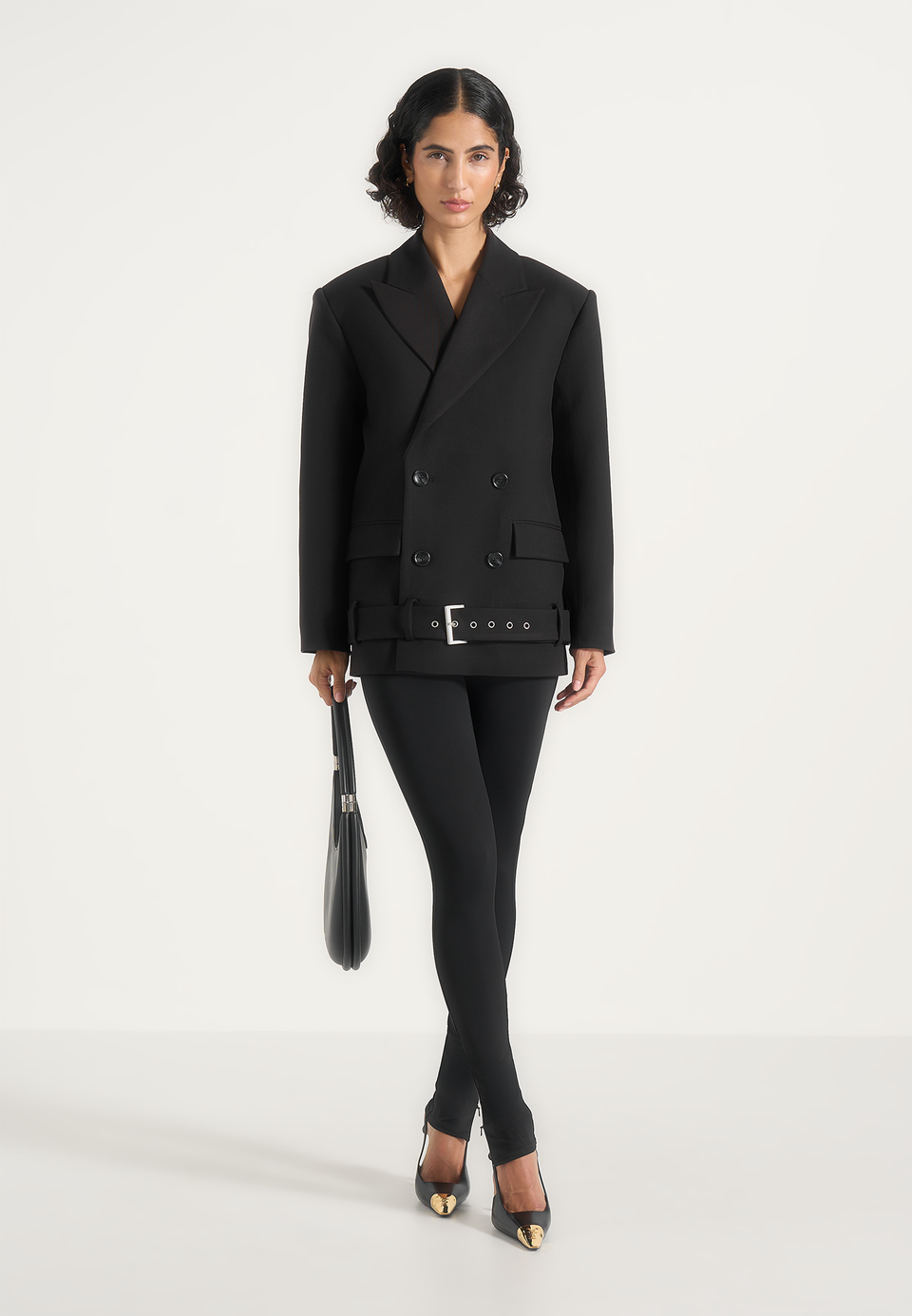 Aisha - Oversized Belted Double-Breasted Wool-Blend Blazer - Black
