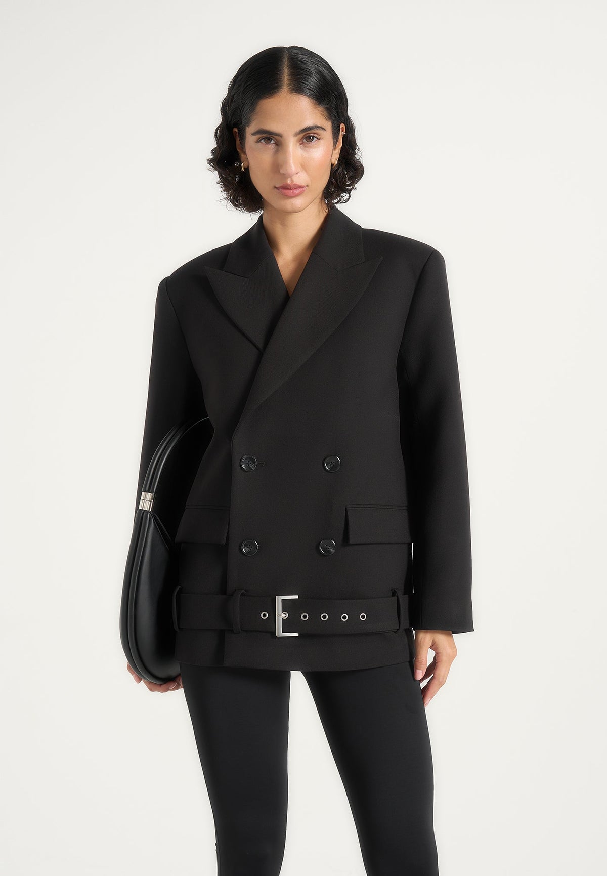 Aisha - Oversized Belted Double-Breasted Wool-Blend Blazer - Black