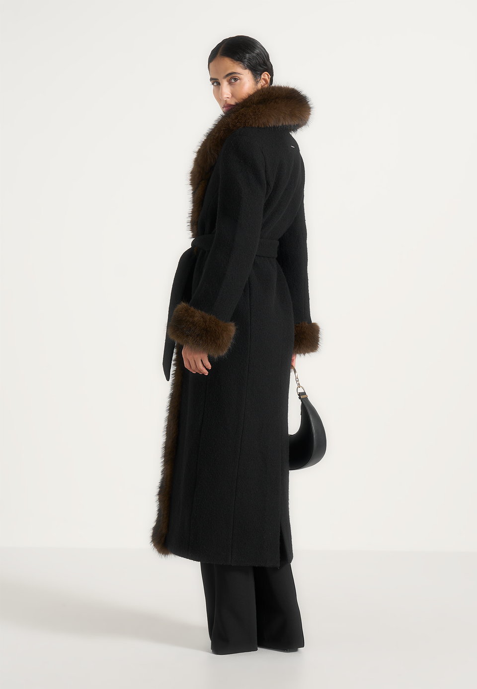 Kate - Fur Trim Belted Wool Maxi Coat - Black