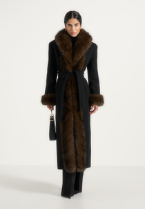 Kate - Fur Trim Belted Wool Maxi Coat - Black