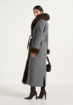 Kate - Fur Trim Belted Wool Maxi Coat - Grey
