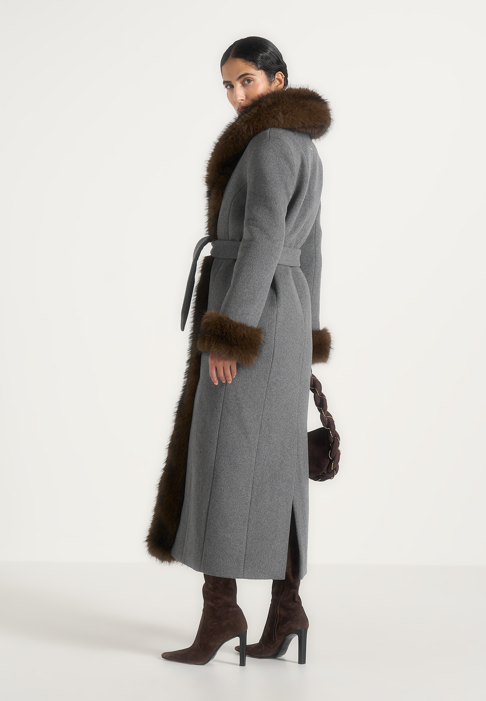 Kate - Fur Trim Belted Wool Maxi Coat - Grey