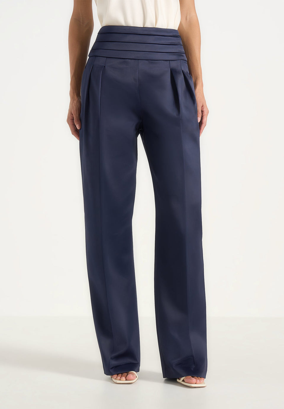 Fallon - Pleated Waistband Straight Leg Pants - Navy
