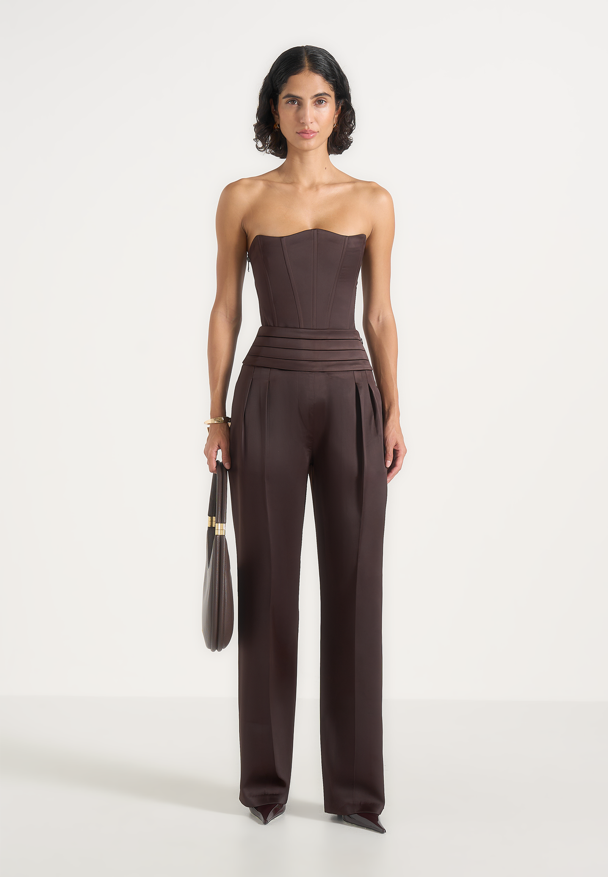 Fallon - Pleated Waistband Straight Leg Pants - Brown
