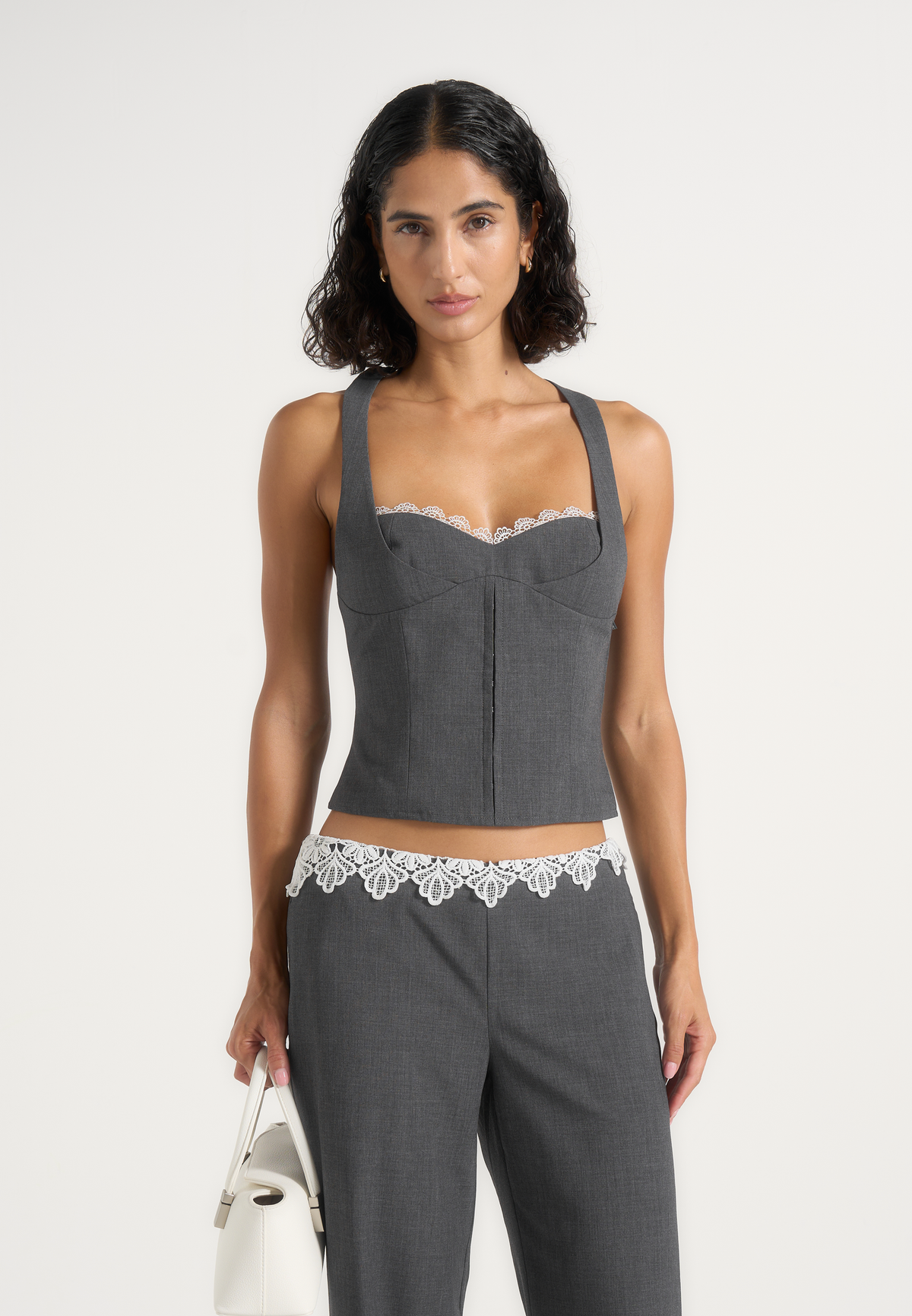 Lise - Lace Trim Wool-Blend Halter Corset Top - Grey