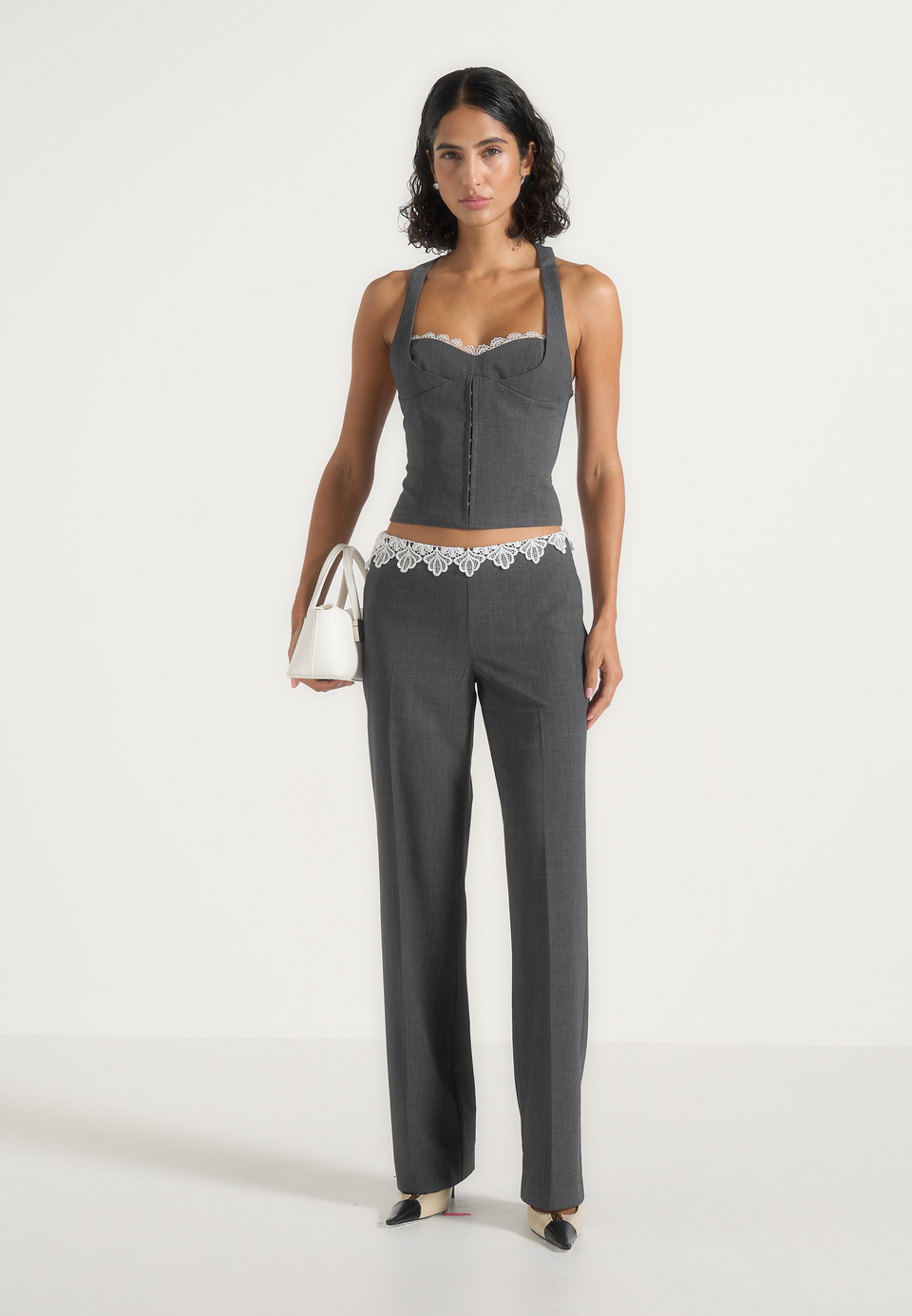Lise - Lace Trim Wool-Blend Halter Corset Top - Grey