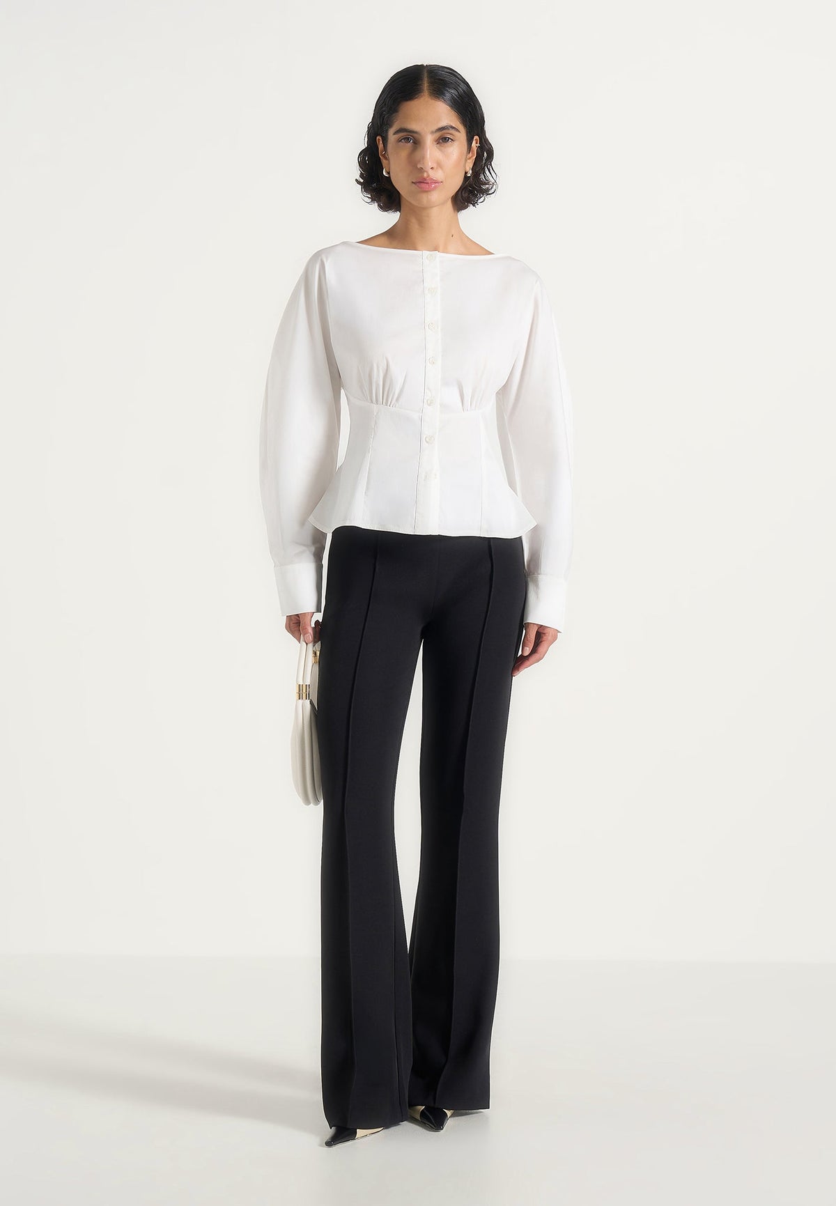 Chelsea - Cotton Cinch Waist Peplum Shirt - White