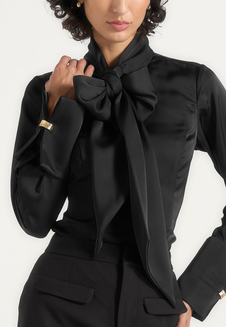 Wilona - Hourglass Scarf Neck Shirt - Black