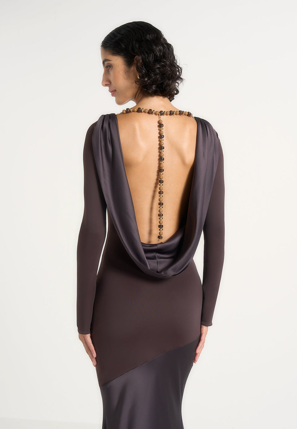 Priya - Beaded Cowl Back Two Tone Fishtail Gown - Brown