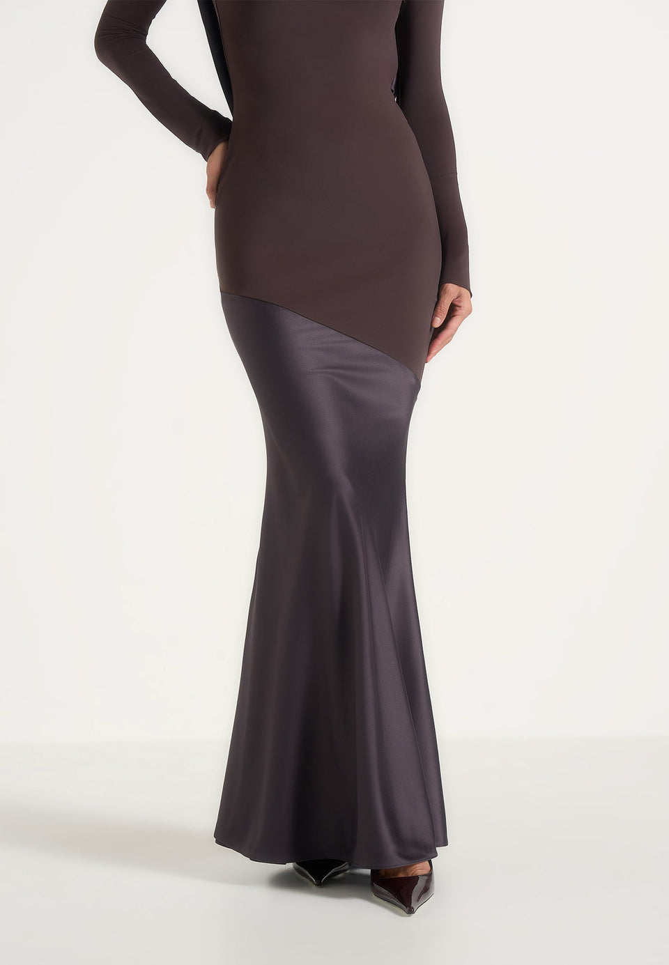Priya - Beaded Cowl Back Two Tone Fishtail Gown - Brown