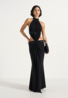 Paola - Embellished Mock Neck Cut-Out Gown - Black