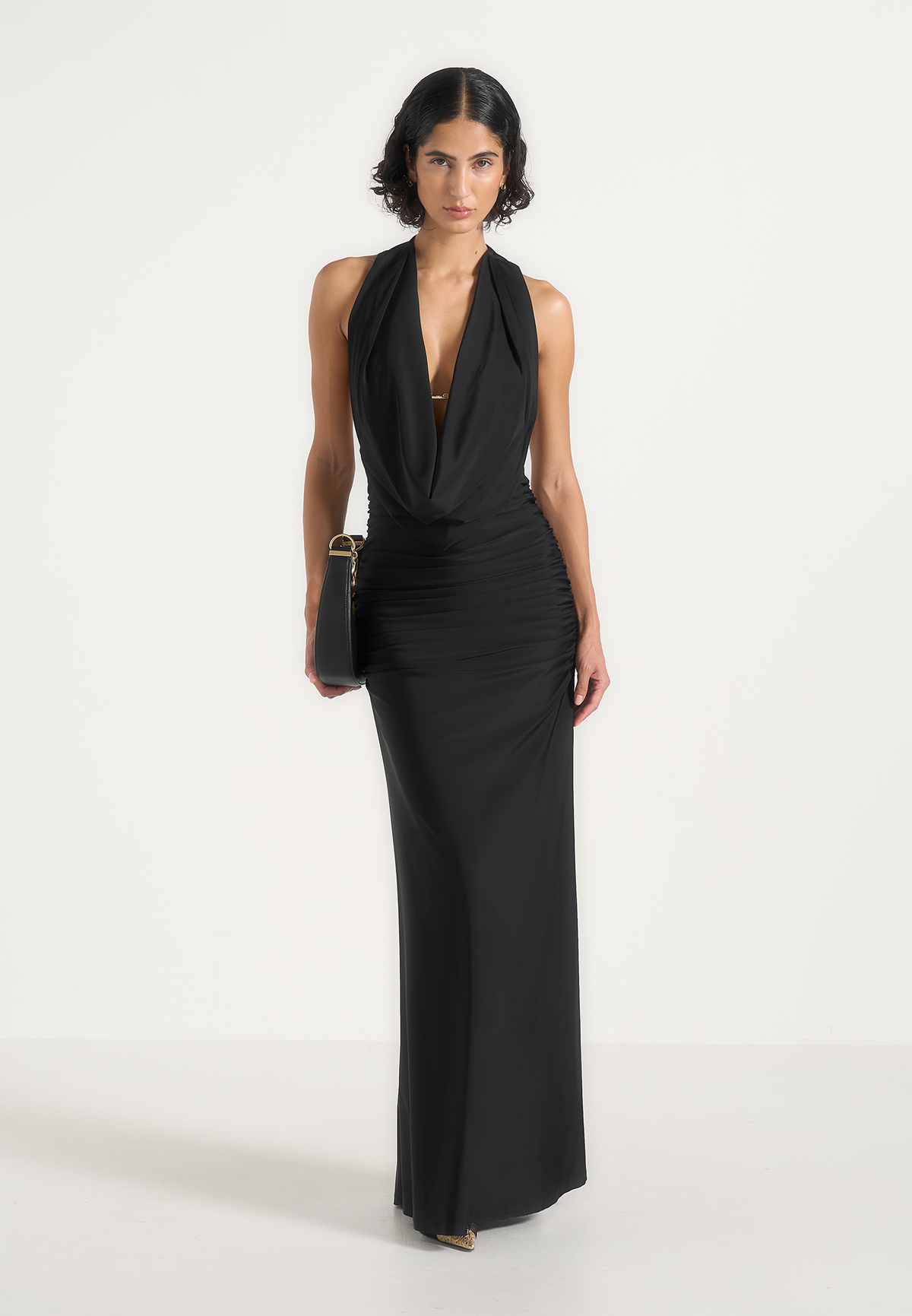 Betsy - Fur Stole Cowl Neck Maxi Dress - Black