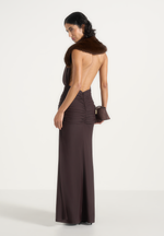 Betsy - Fur Stole Cowl Neck Maxi Dress - Brown