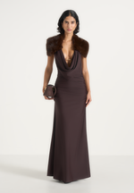 Betsy - Fur Stole Cowl Neck Maxi Dress - Brown