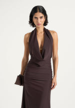 Betsy - Fur Stole Cowl Neck Maxi Dress - Brown