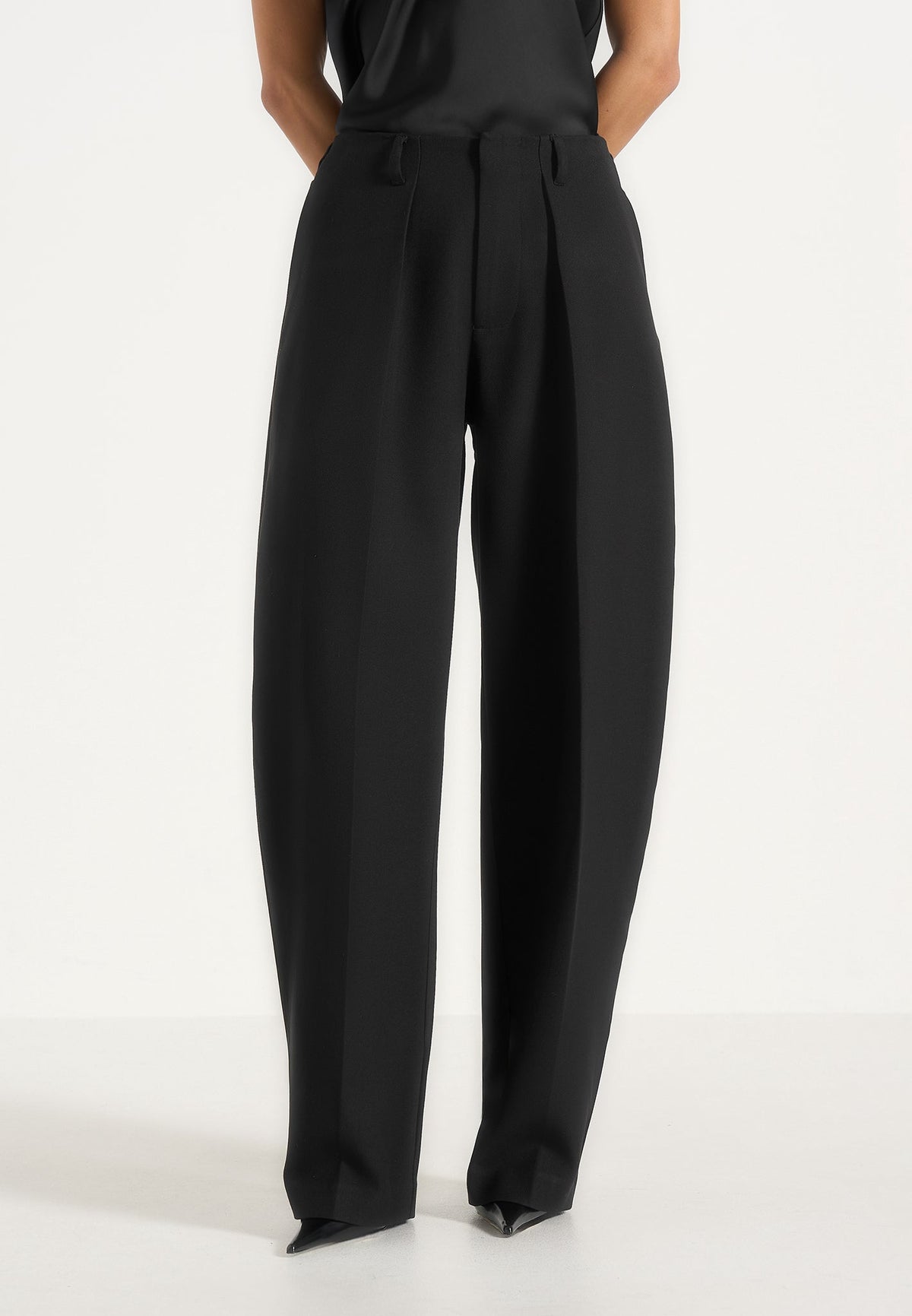 Kylie - Barrel Leg Press Crease Wool-Blend Pants - Black