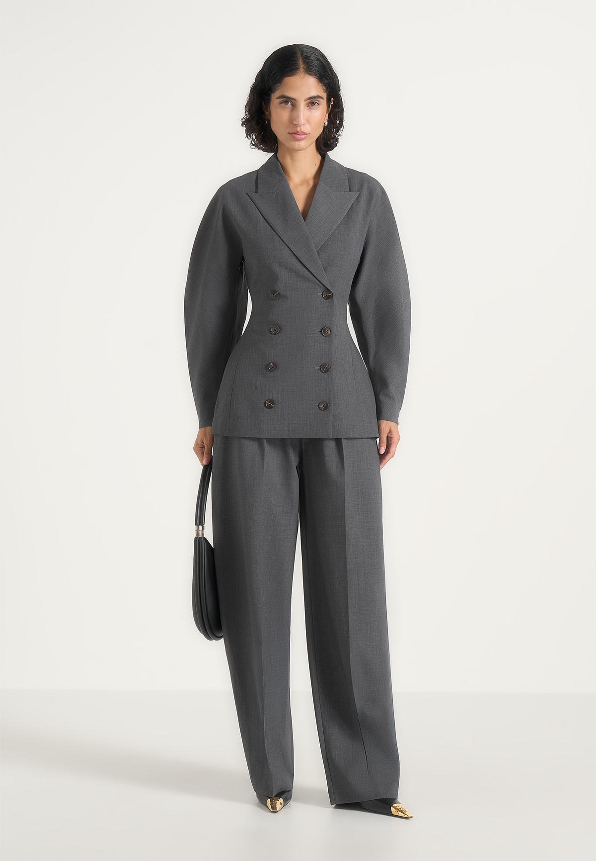 Kylie - Barrel Leg Press Crease Wool-Blend Pants - Grey