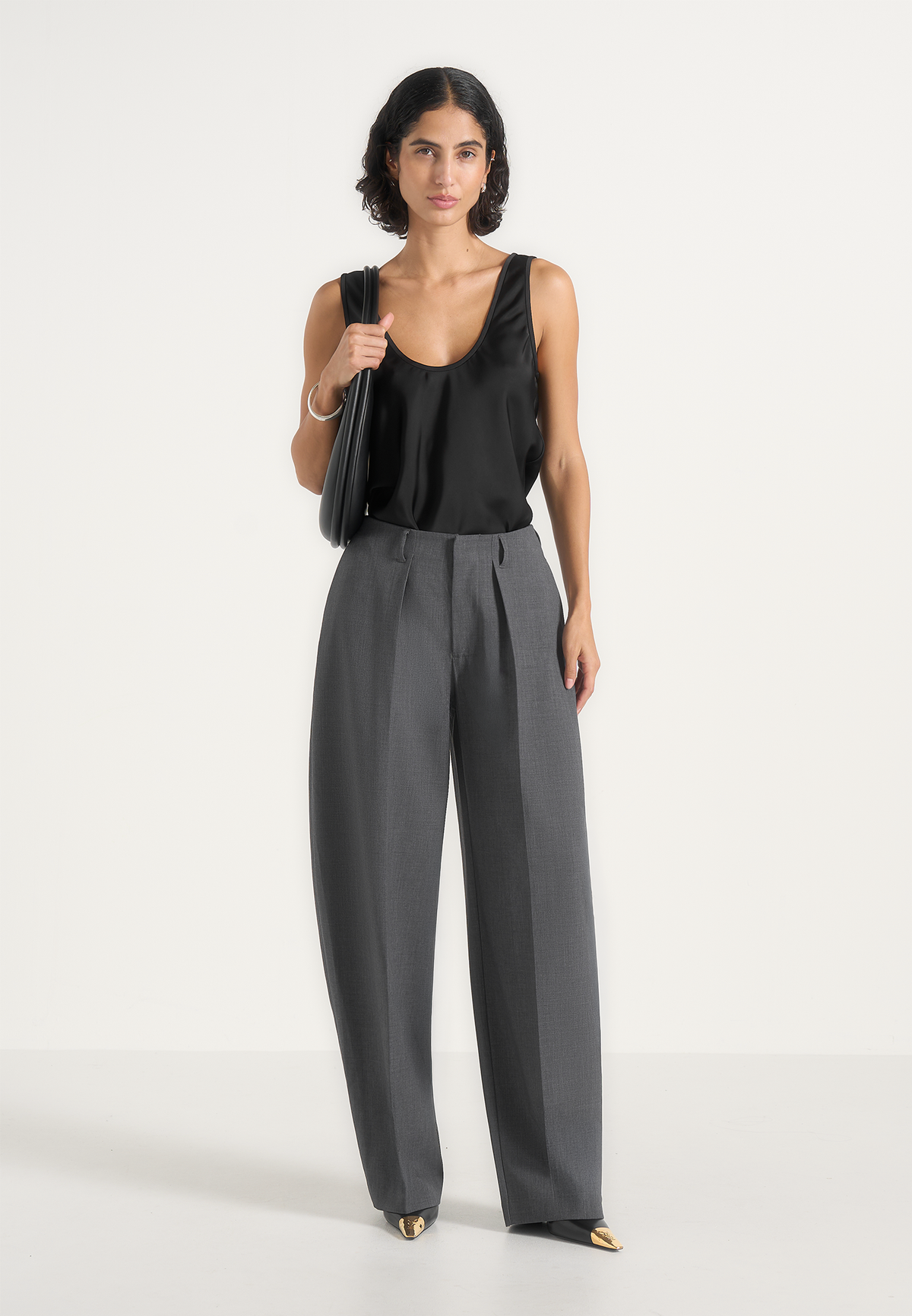Kylie - Barrel Leg Press Crease Wool-Blend Pants - Grey