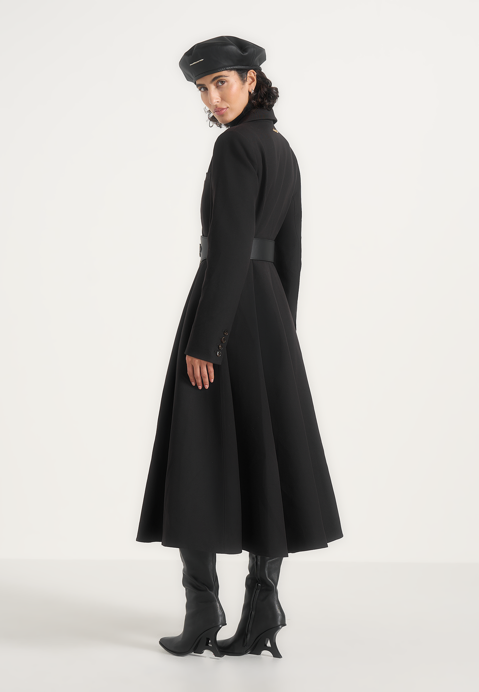 Seraphine - Fluted Hem Belted Wool-Blend Coat - Black
