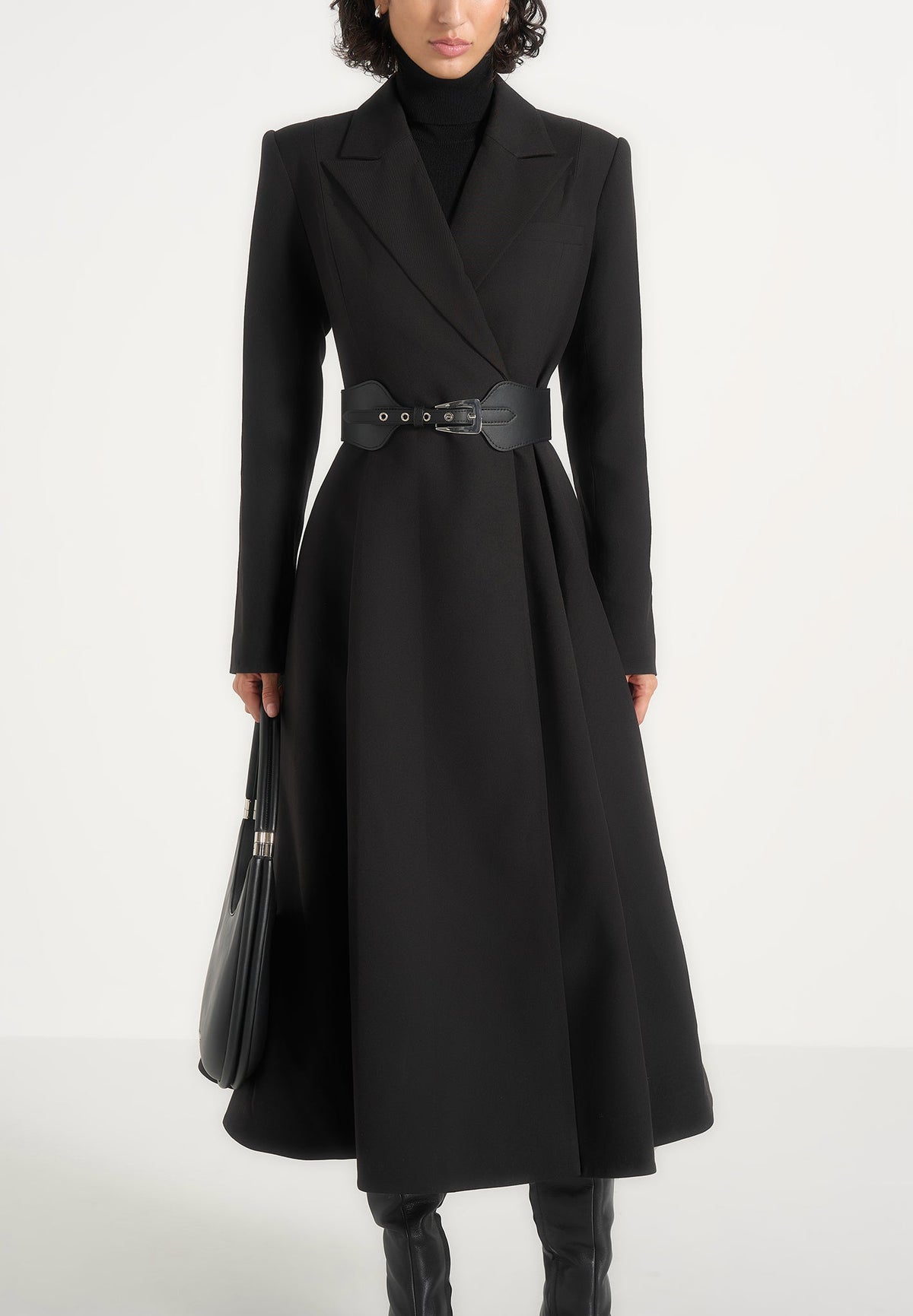 Seraphine - Fluted Hem Belted Wool-Blend Coat - Black