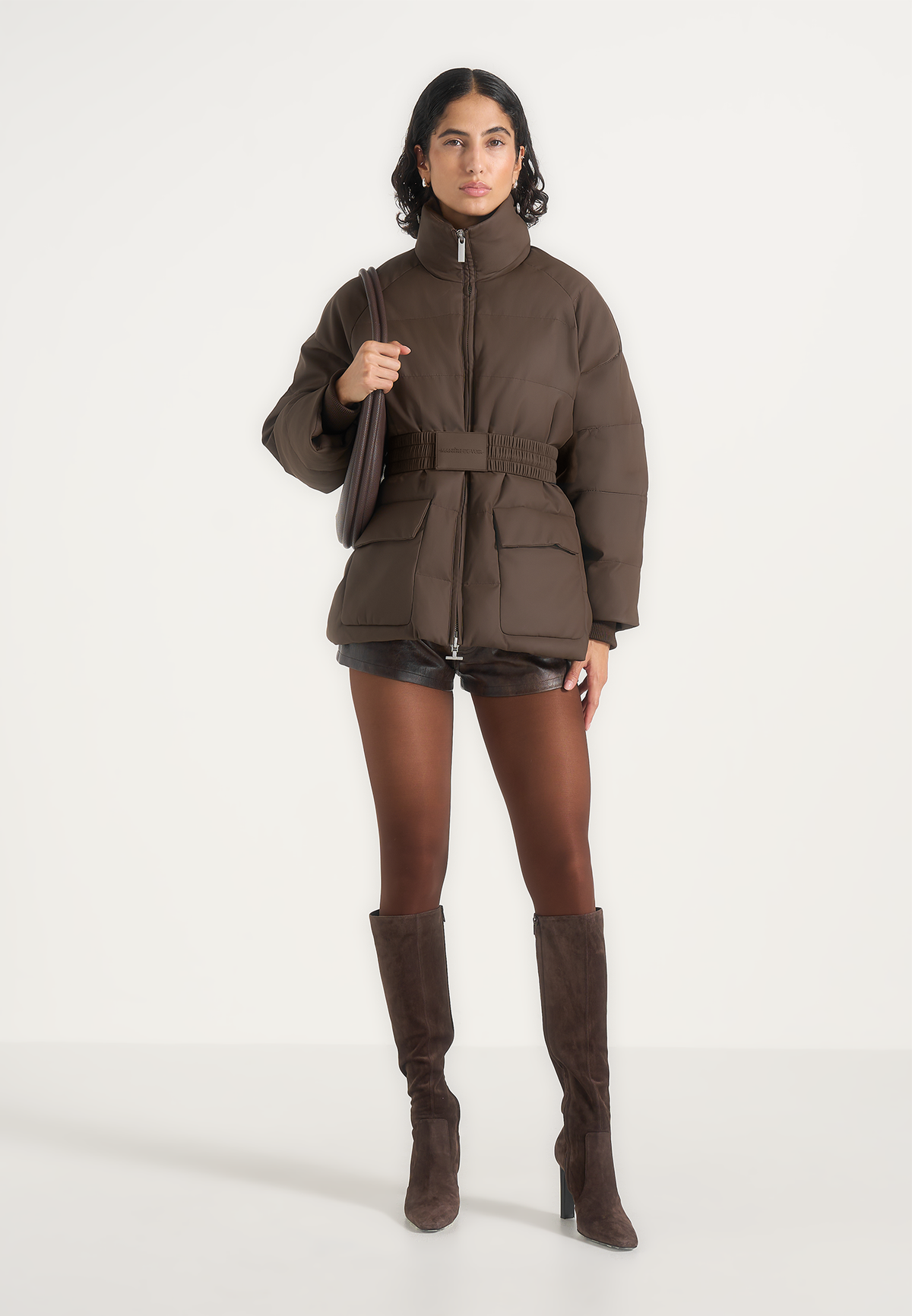 Kaia - Belted Puffer Jacket - Brown