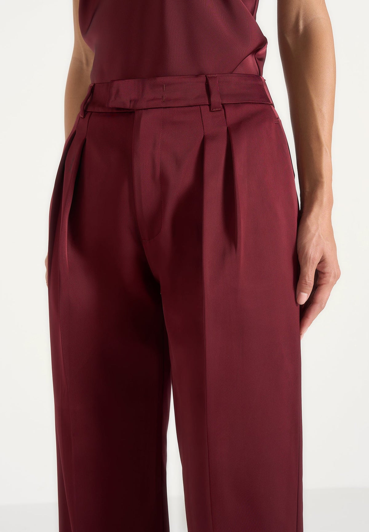 Julie - Satin Twin Pleat Pants - Wine Red