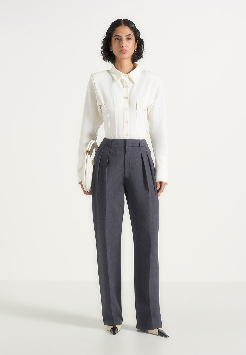 Julie - Tailored Twin Pleat Wool-Blend Pants - Grey