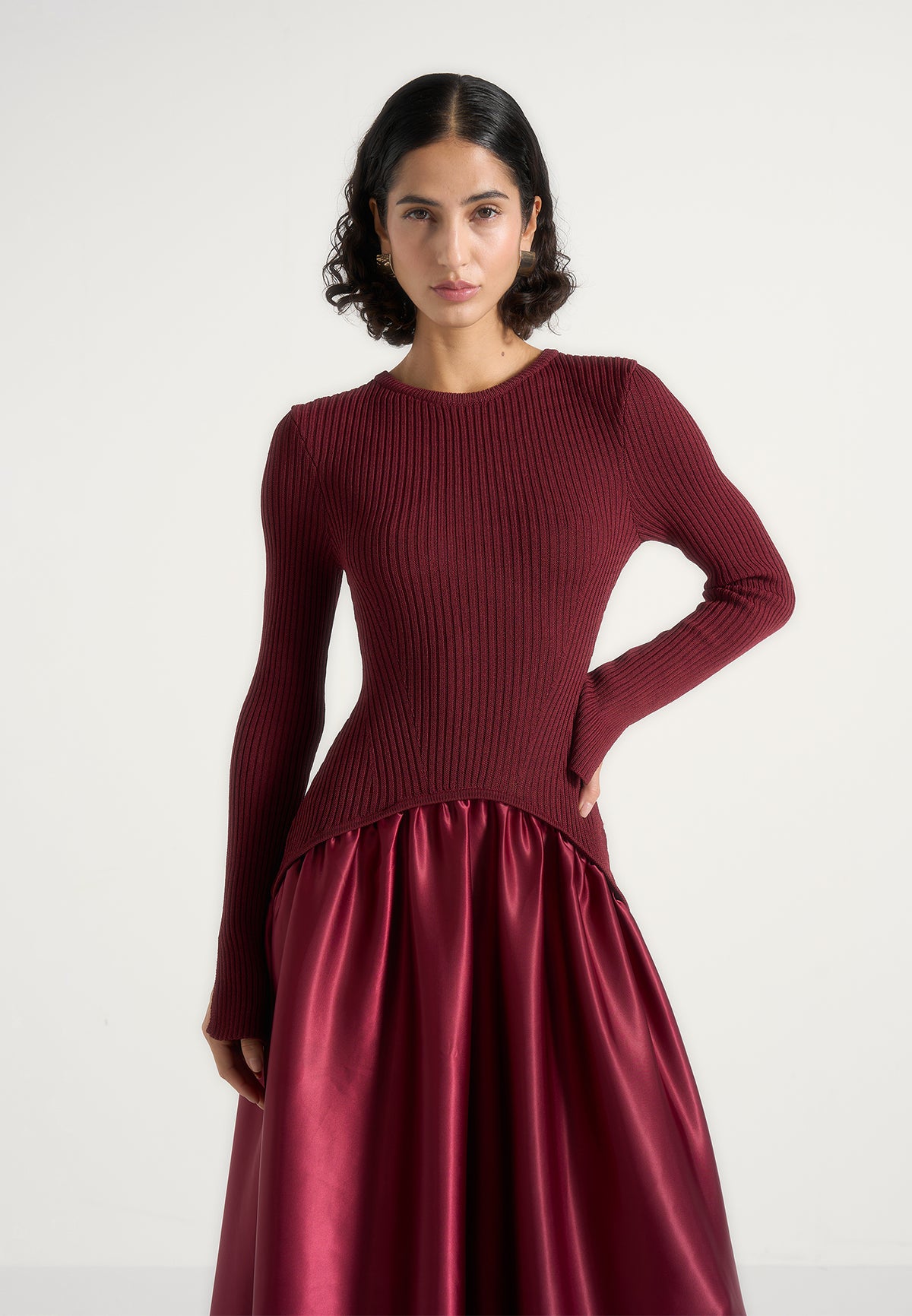 Adeline - Knit & Satin Curved Hem Maxi Dress - Wine Red
