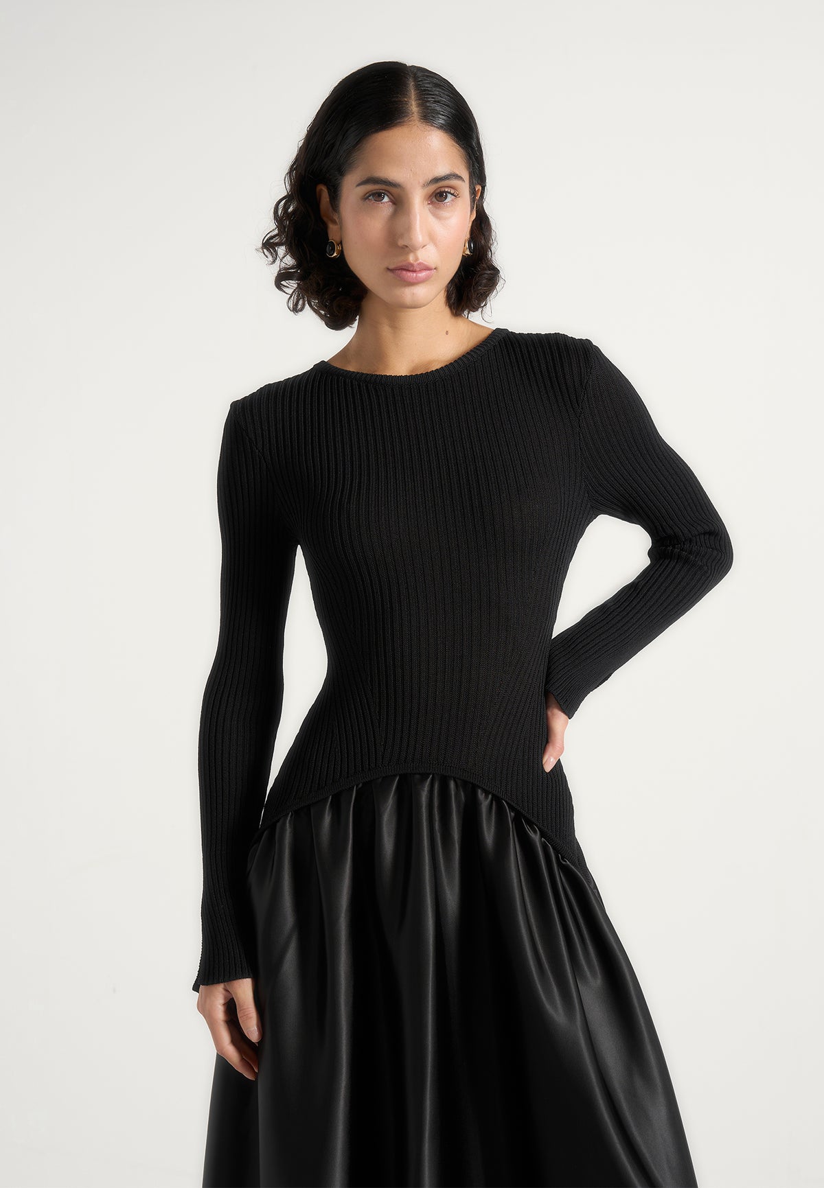 Adeline - Knit & Satin Curved Hem Maxi Dress - Black