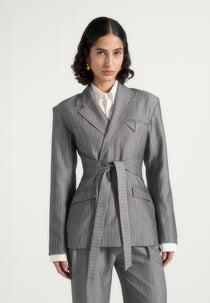 Delphine - Pinstripe Wrap Tie Blazer - Grey
