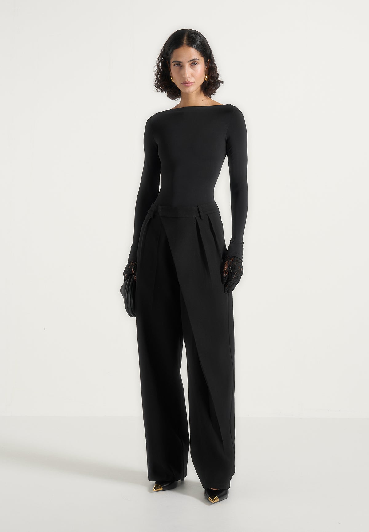 Colette - Tailored Wrap Pleat Wool-Blend Pants - Black
