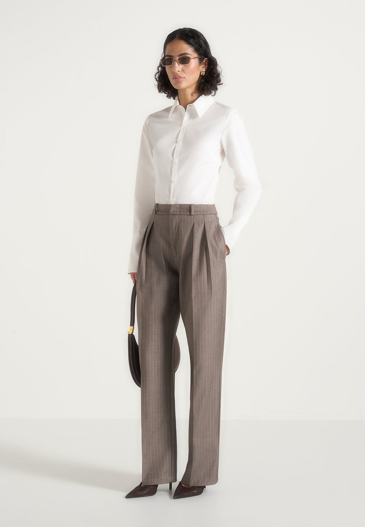 Julie - Pinstripe Twin Pleat Dress Pants - Taupe