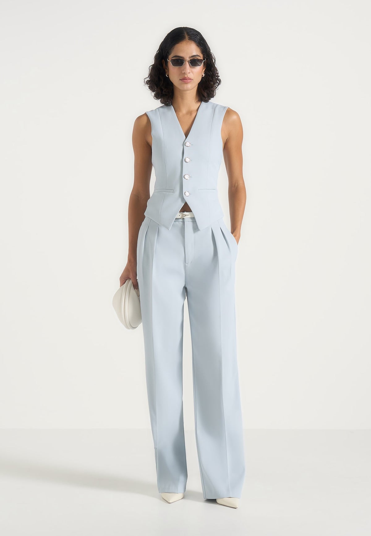 Julie - Tailored Twin Pleat Pants - Pale Blue