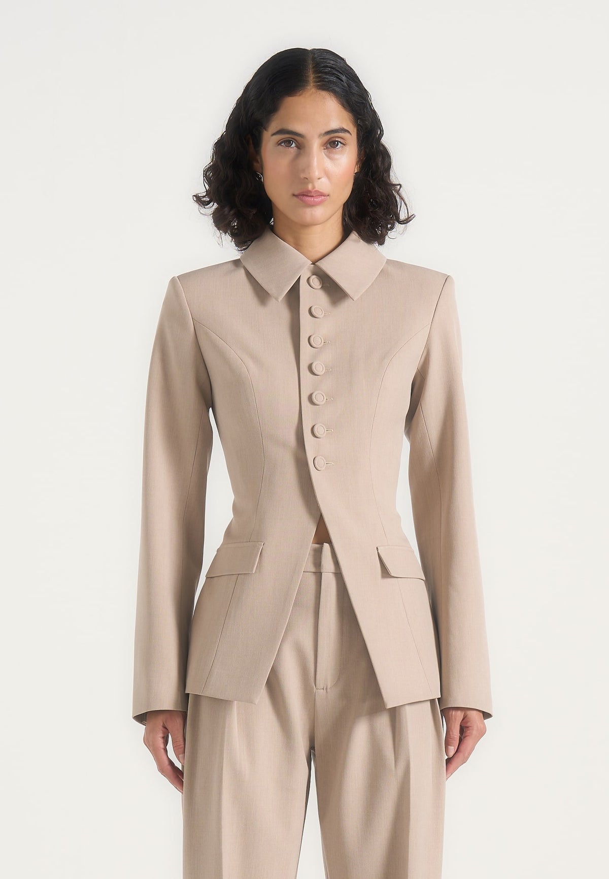 Harper - Tailored Cinch Blazer With Detachable Collar - Beige