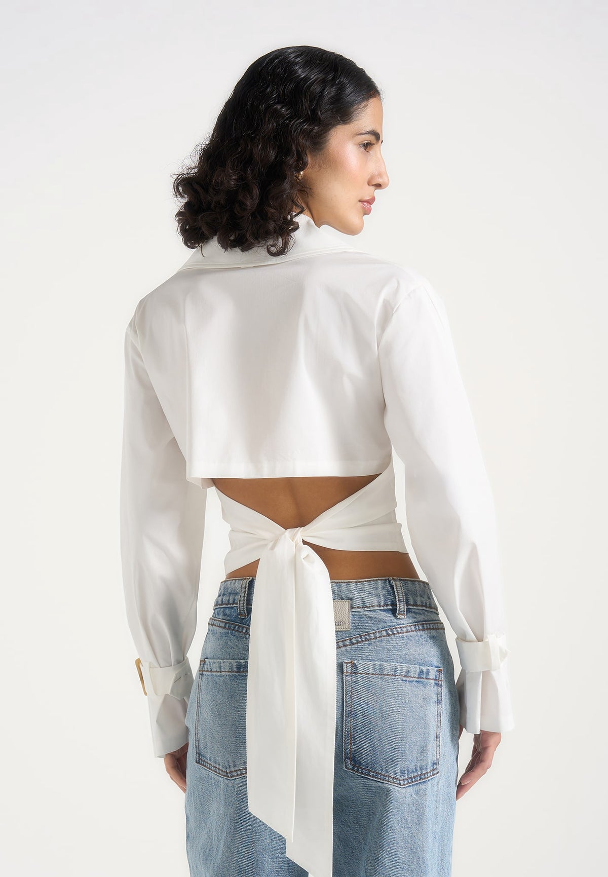 Andrea - Cropped Double-Breasted Open Back Tie Shirt - White