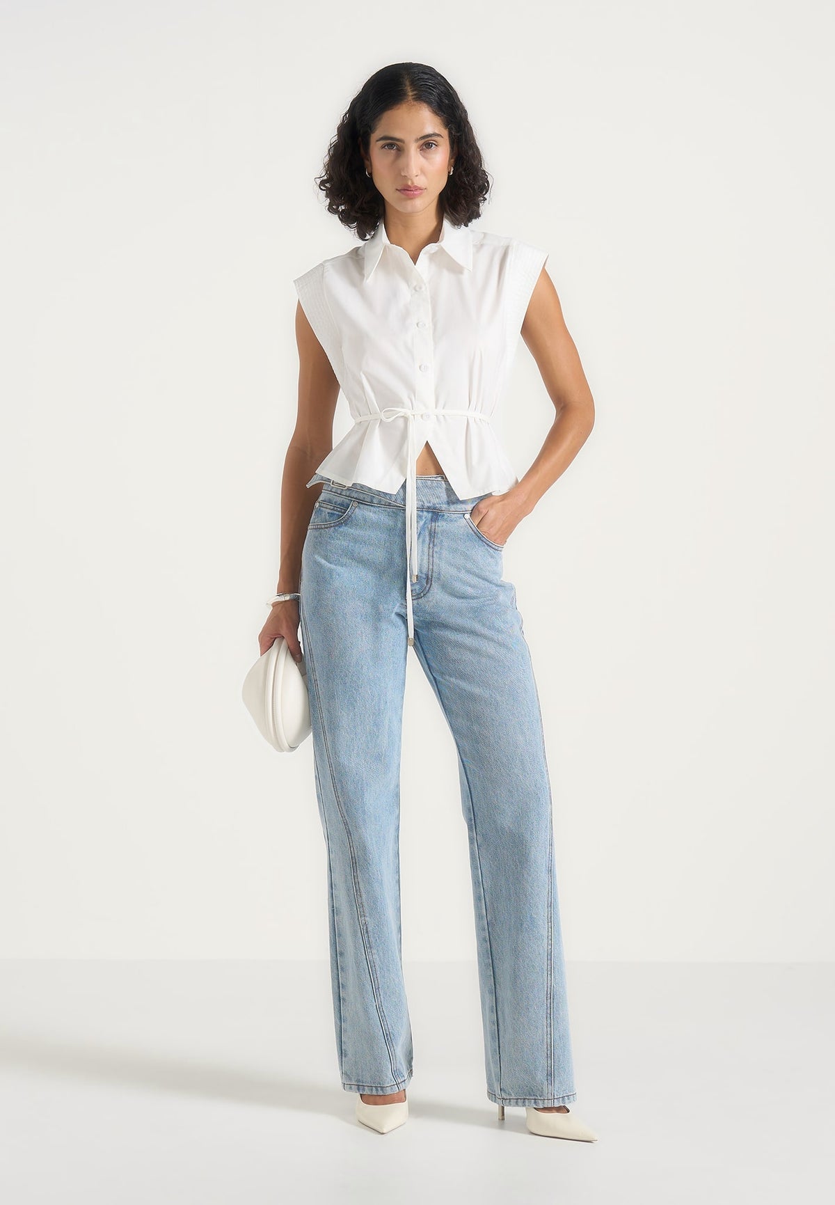Orla - Sleeveless Tie Waist Cropped Shirt - White