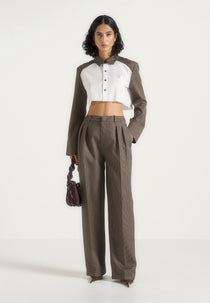 Bernadette - Houndstooth Cotton Cropped Shirt - White/Brown