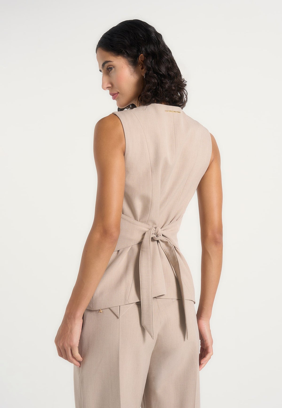 Maisie - Tailored Crew Neck Cinch Waistcoat - Beige