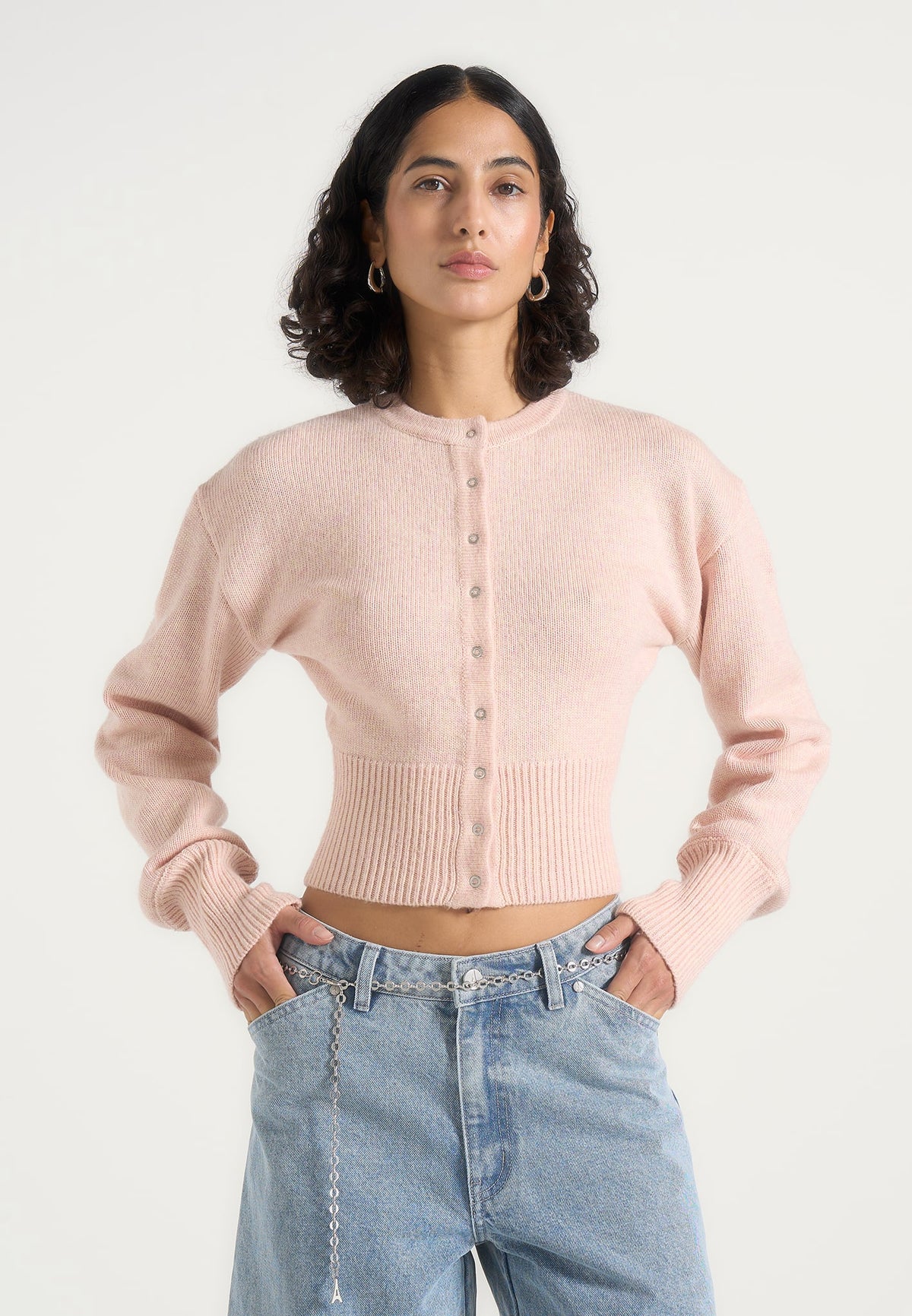 Mayla - Knitted Cinch Waist Cardigan - Pale Pink