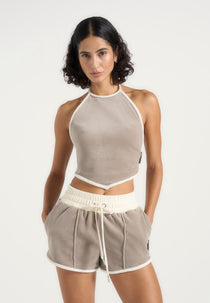 Malena - Contrast Velour Halter Top - Beige