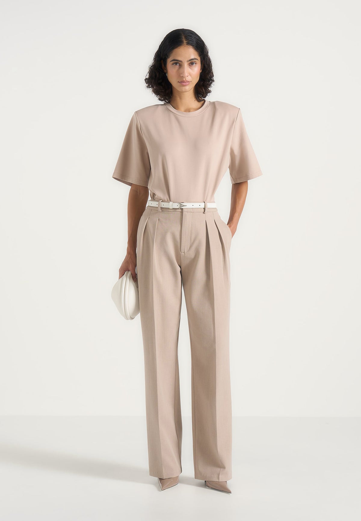 BS002 - Wide Shoulder Bodysuit T-Shirt - Beige