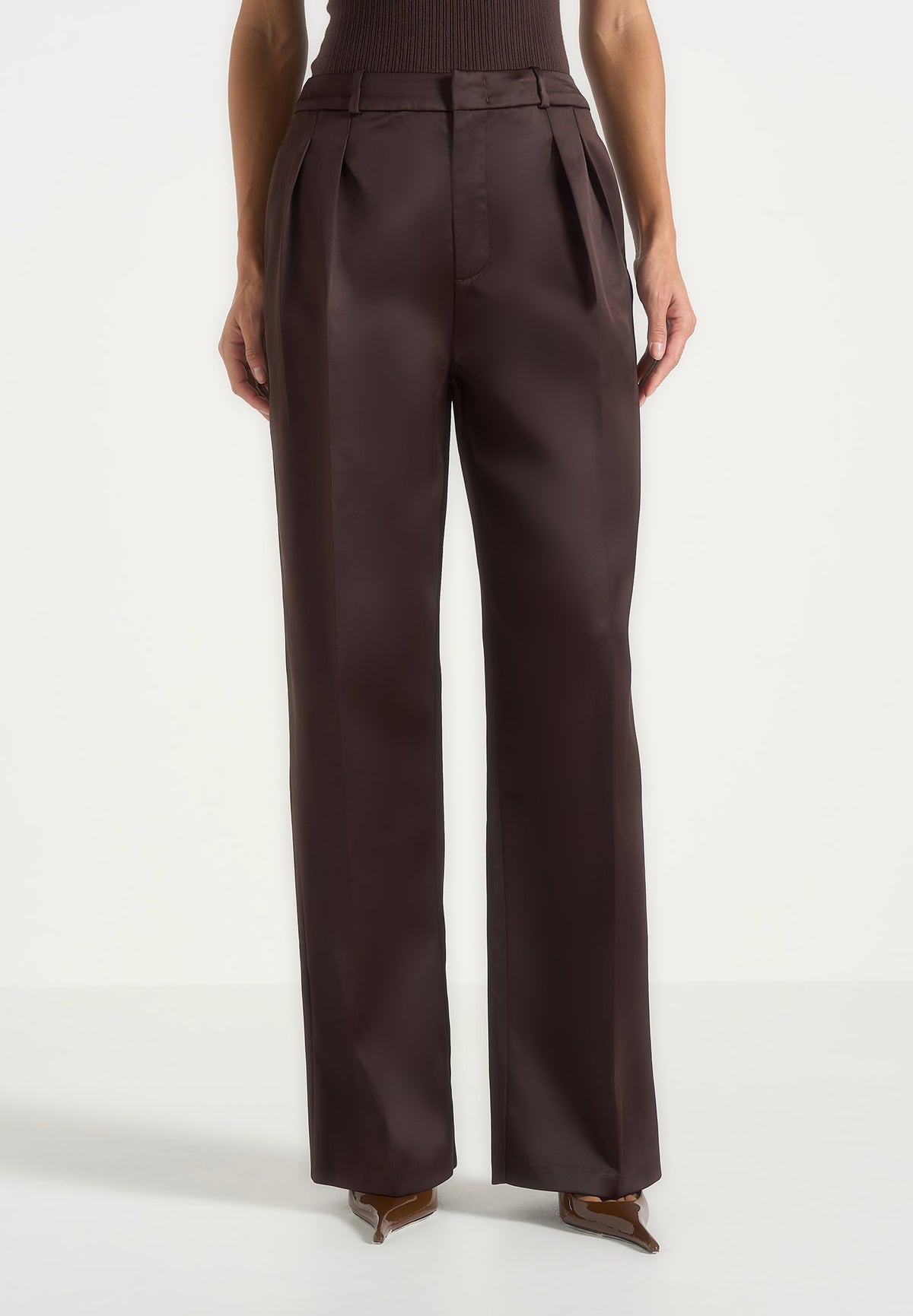 Julie - Satin Twin Pleat Pants - Brown