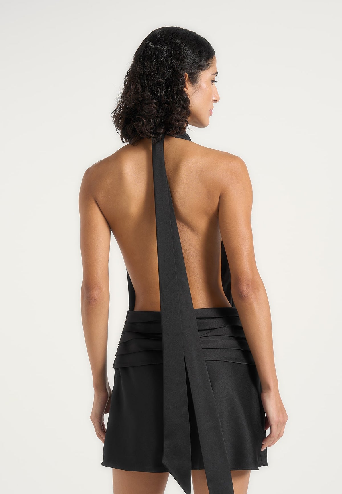 Christelle - Cowl Halter Open Back Rosette Mini Dress - Black