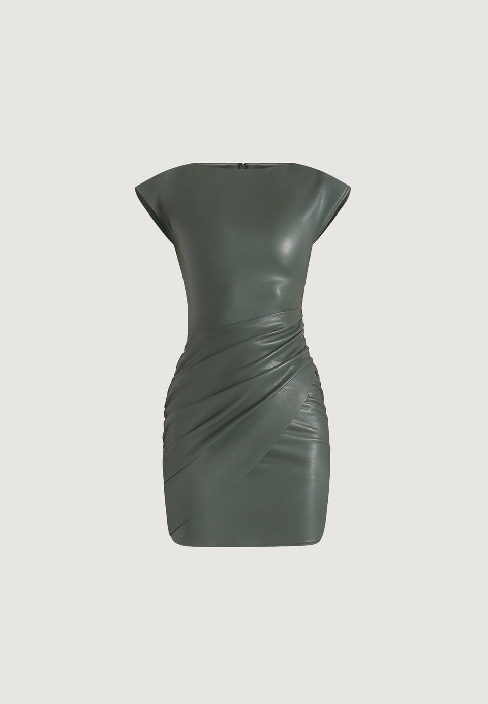 tina-leather-boat-neck-ruched-dress-khaki