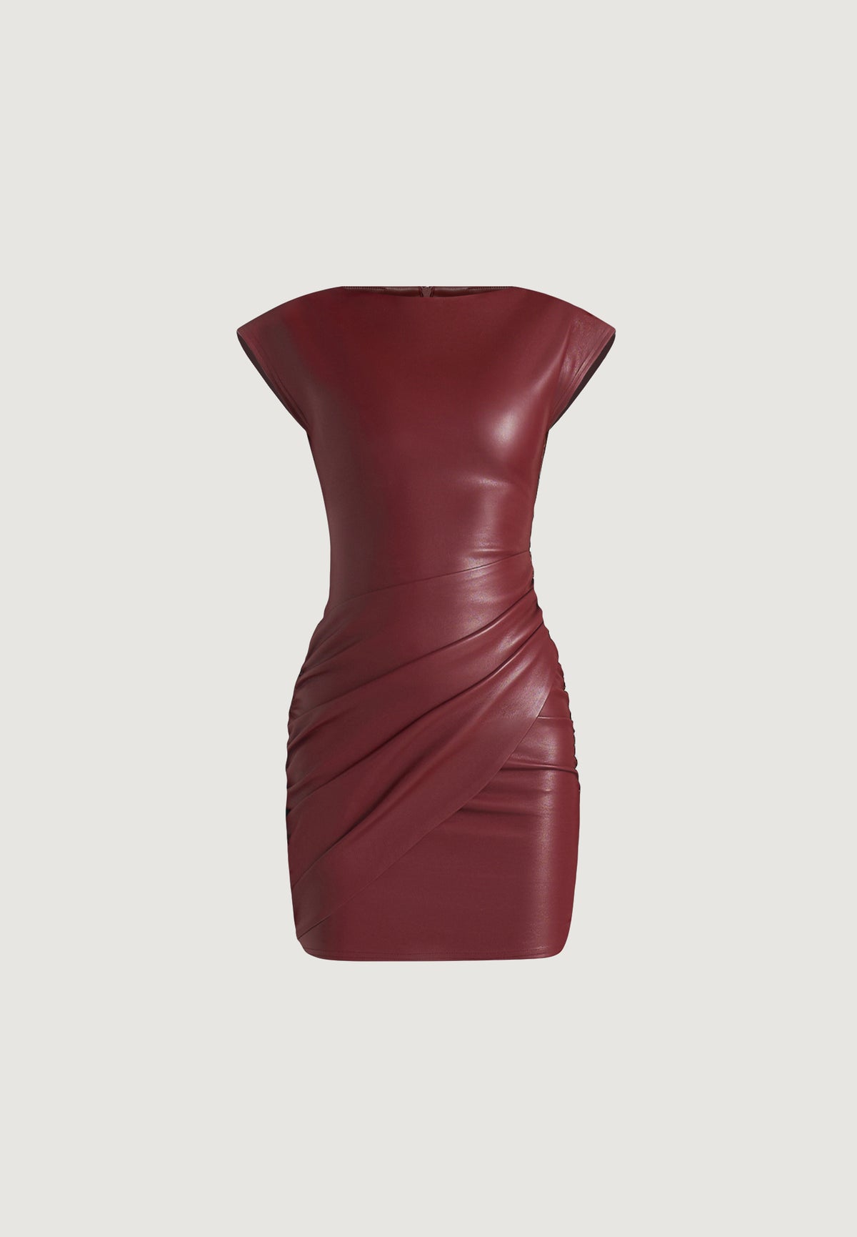 tina-leather-boat-neck-ruched-dress-wine-red