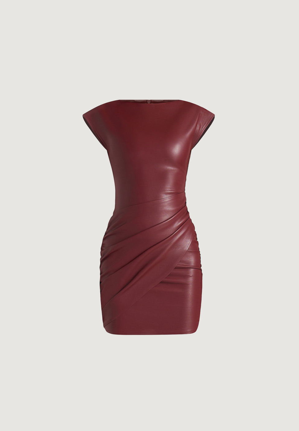 tina-leather-boat-neck-ruched-dress-wine-red